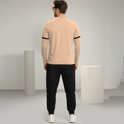 Out Fit Set Full Sleeve Printed Beige Tshirt Matching Black Trackpant