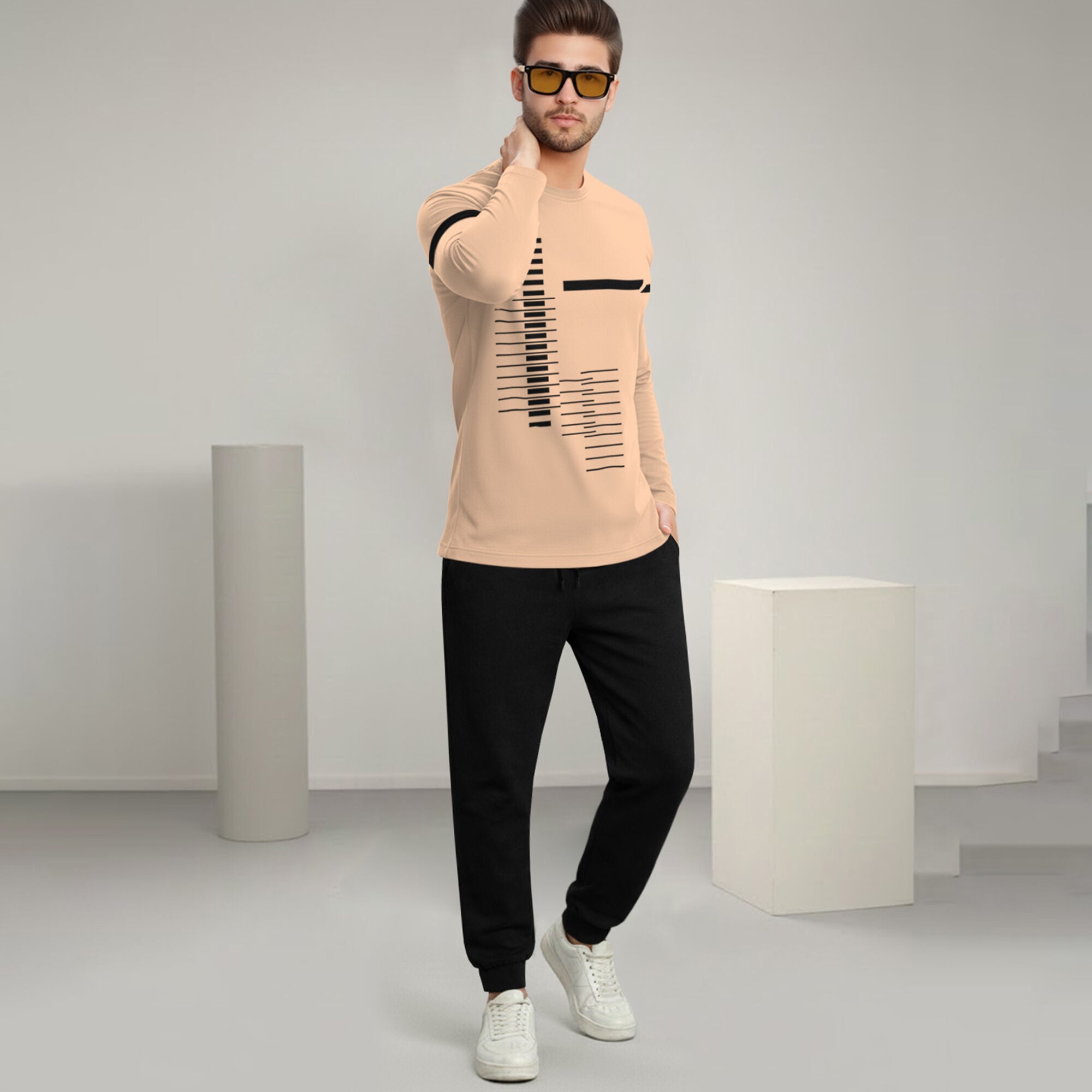 Out Fit Set Full Sleeve Printed Beige Tshirt Matching Black Trackpant