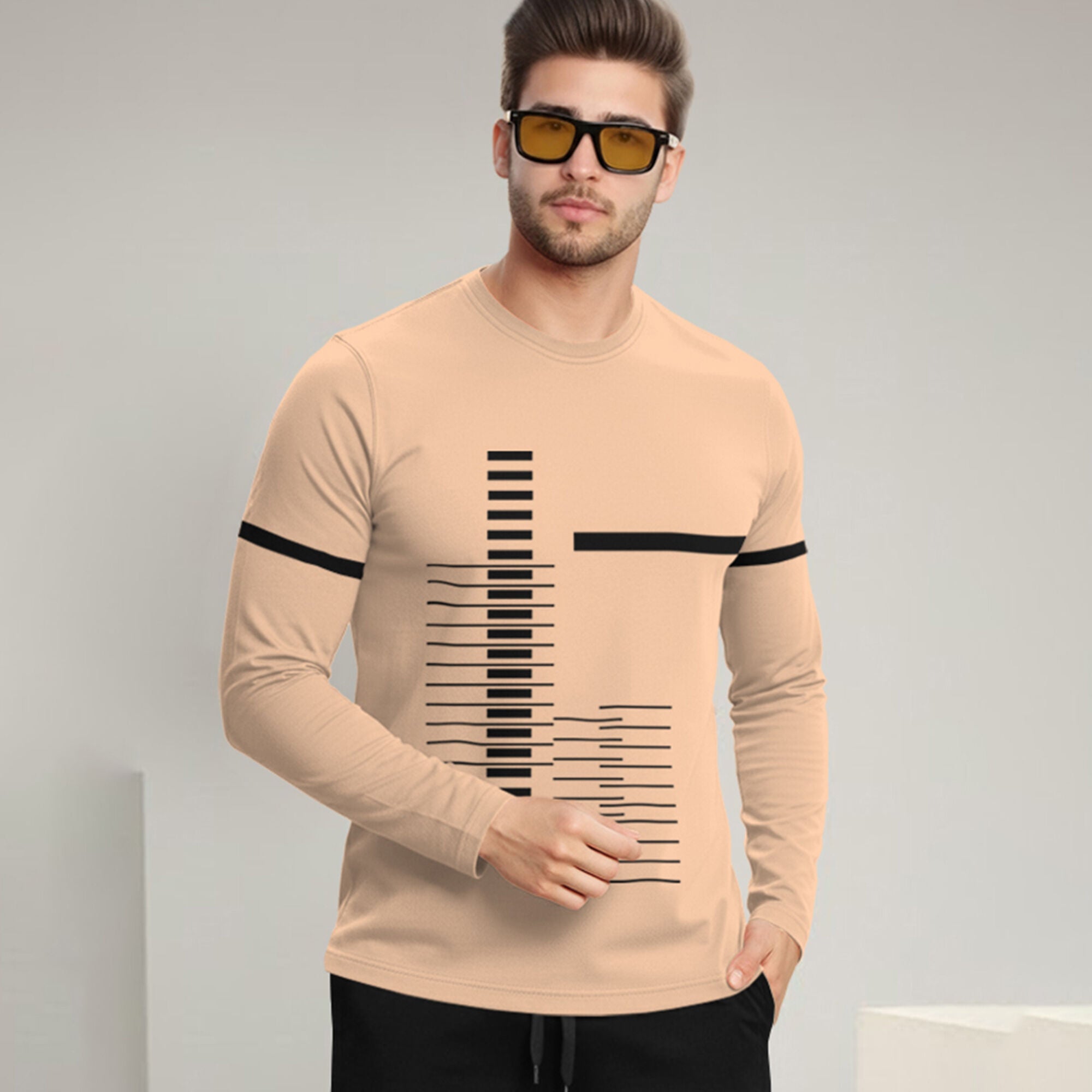 Out Fit Set Full Sleeve Printed Beige Tshirt Matching Black Trackpant