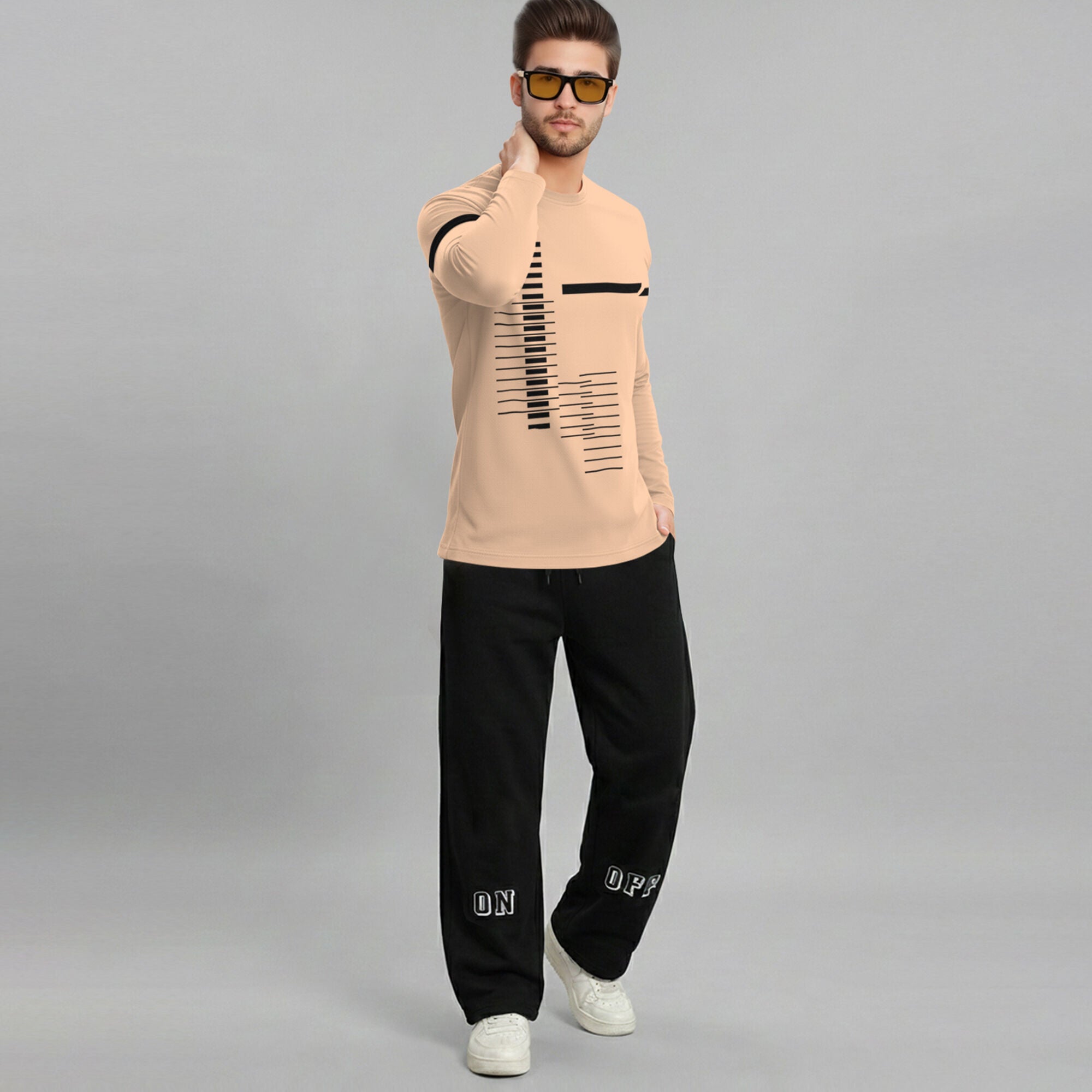 Out Fit Set For Printed Beige Tshirt & Black Trackpant