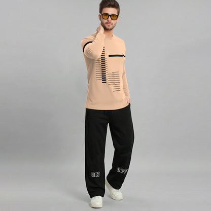 Out Fit Set For Printed Beige Tshirt & Black Trackpant