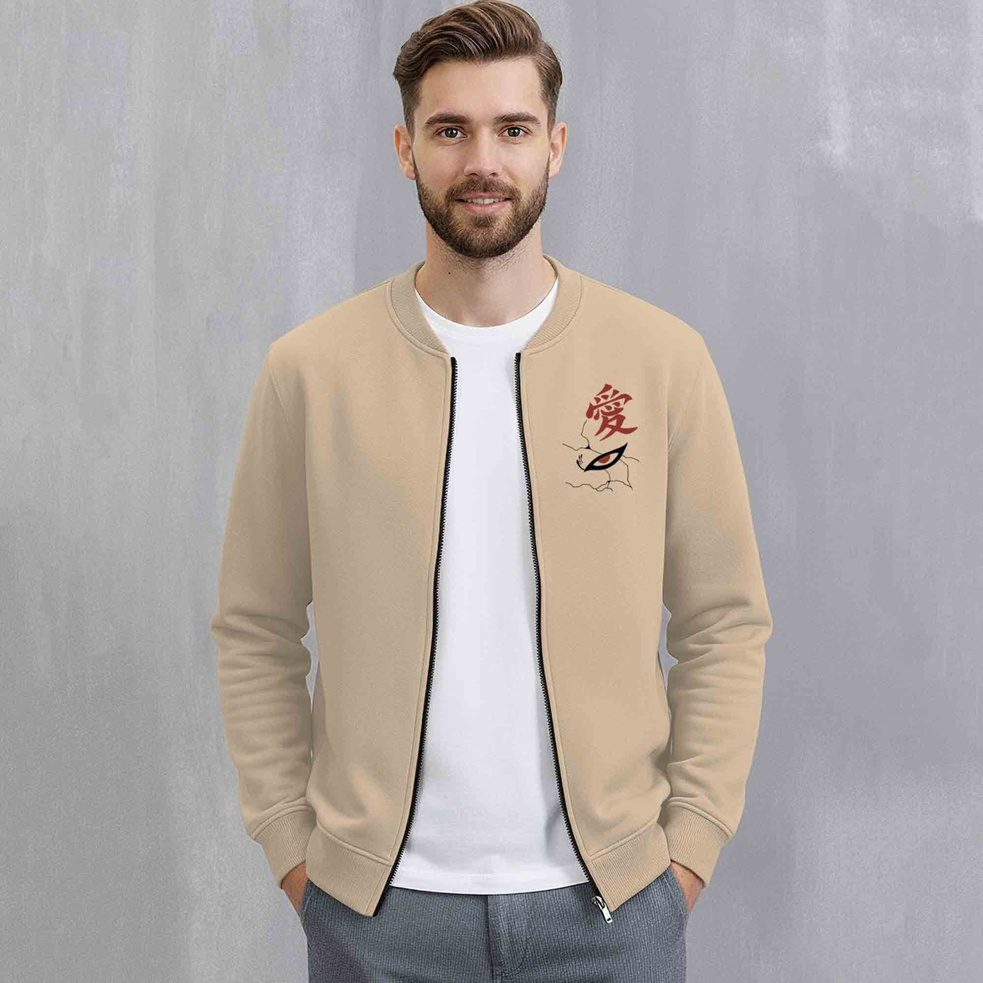 Mens Trendy Anime Design Printed Round Neck Jacket Beige
