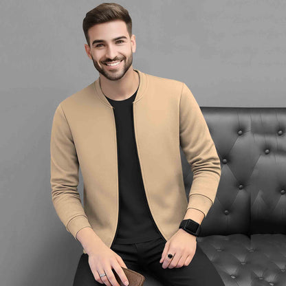 Mens Full Zip Solid Round Neck Sweat Jacket Beige