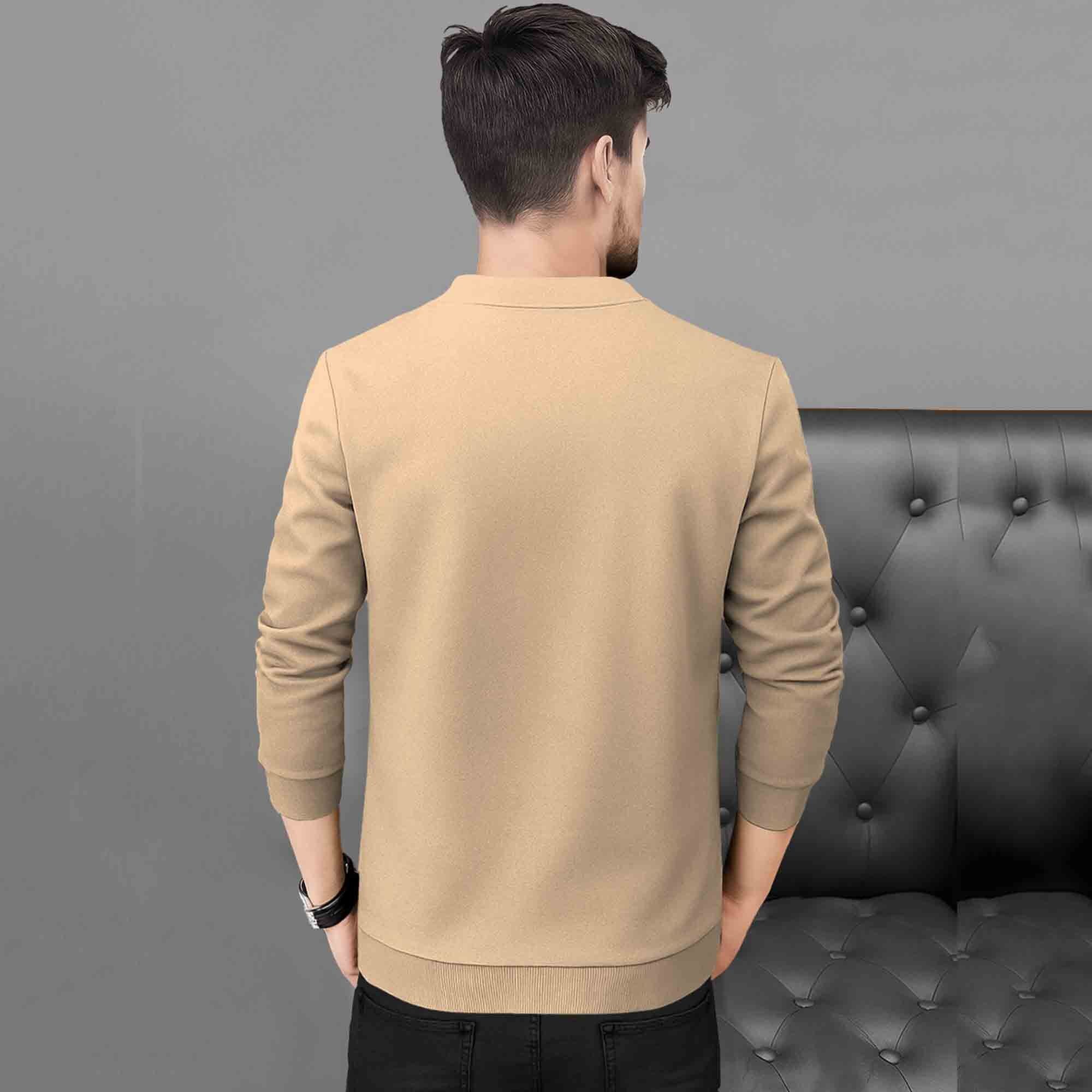 Mens Full Zip Solid Round Neck Sweat Jacket Beige