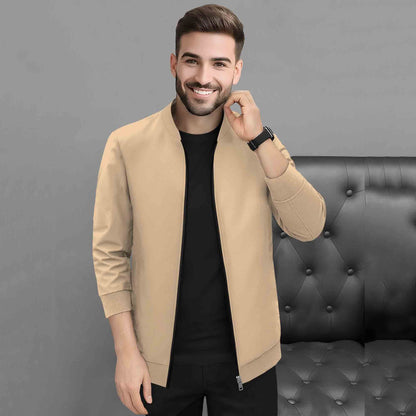 Mens Full Zip Solid Round Neck Sweat Jacket Beige