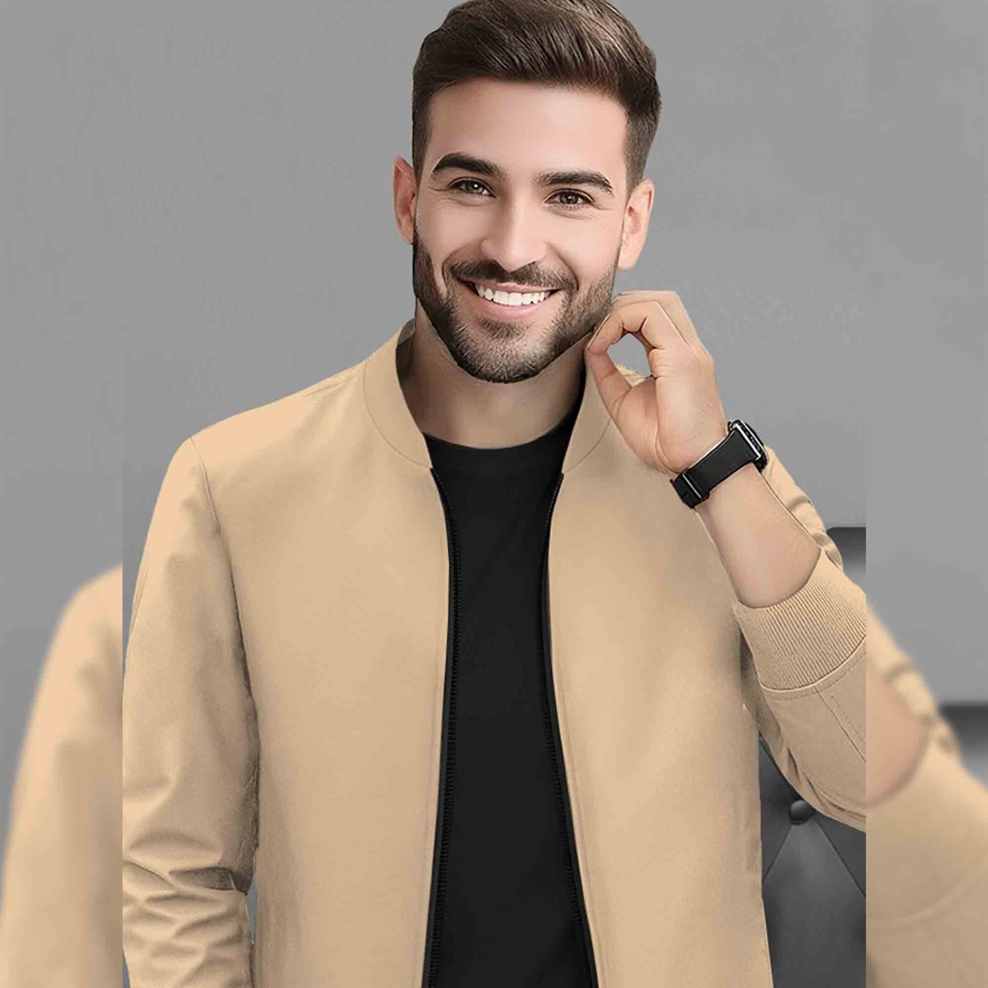 Mens Full Zip Solid Round Neck Sweat Jacket Beige