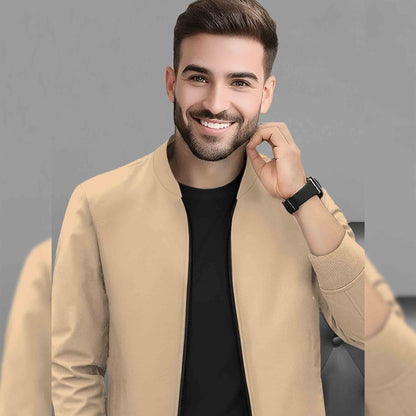 Mens Full Zip Solid Round Neck Sweat Jacket Beige