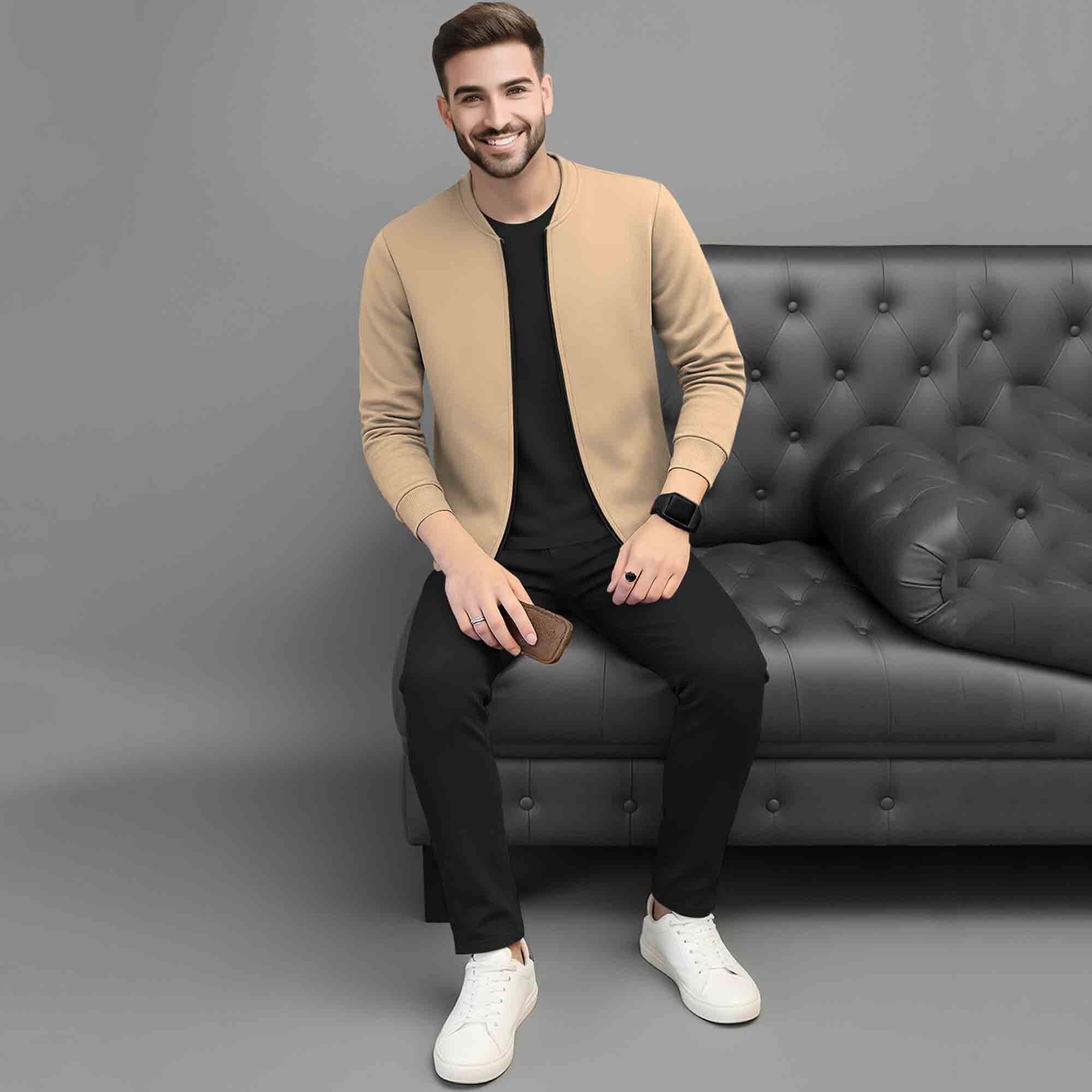 Mens Full Zip Solid Round Neck Sweat Jacket Beige