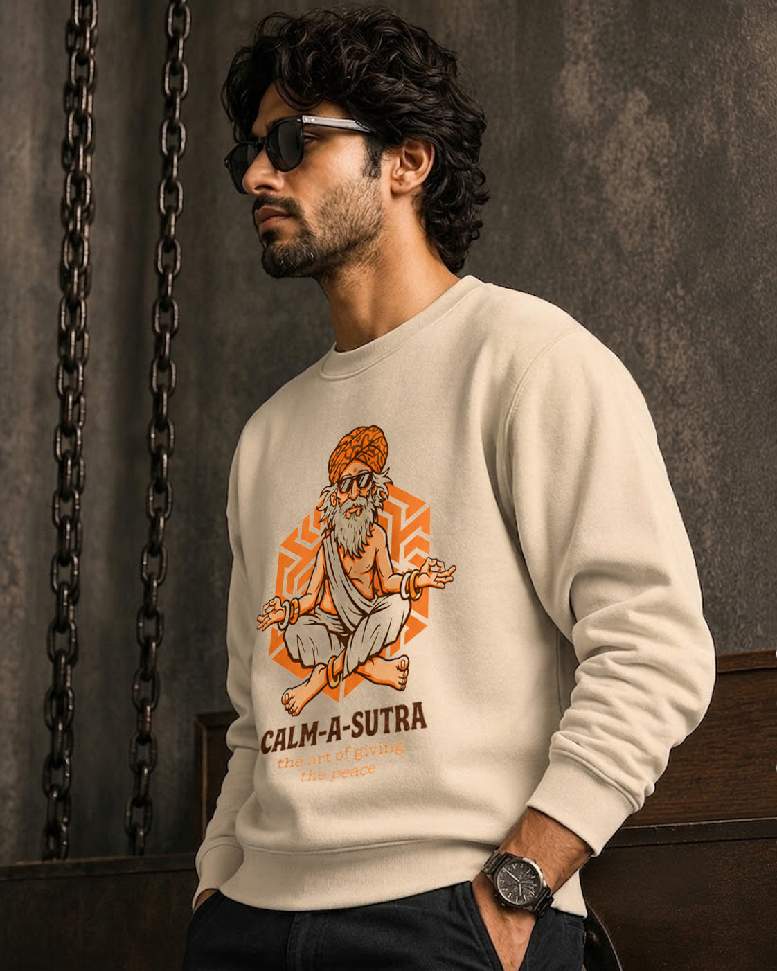 Mens Round Neck Full Sleeve Printed Sweatshirt Beige