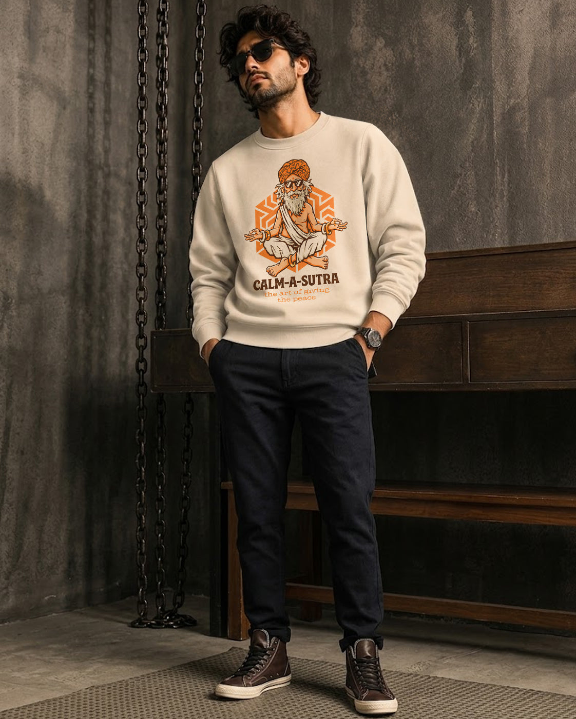 Mens Round Neck Full Sleeve Printed Sweatshirt Beige
