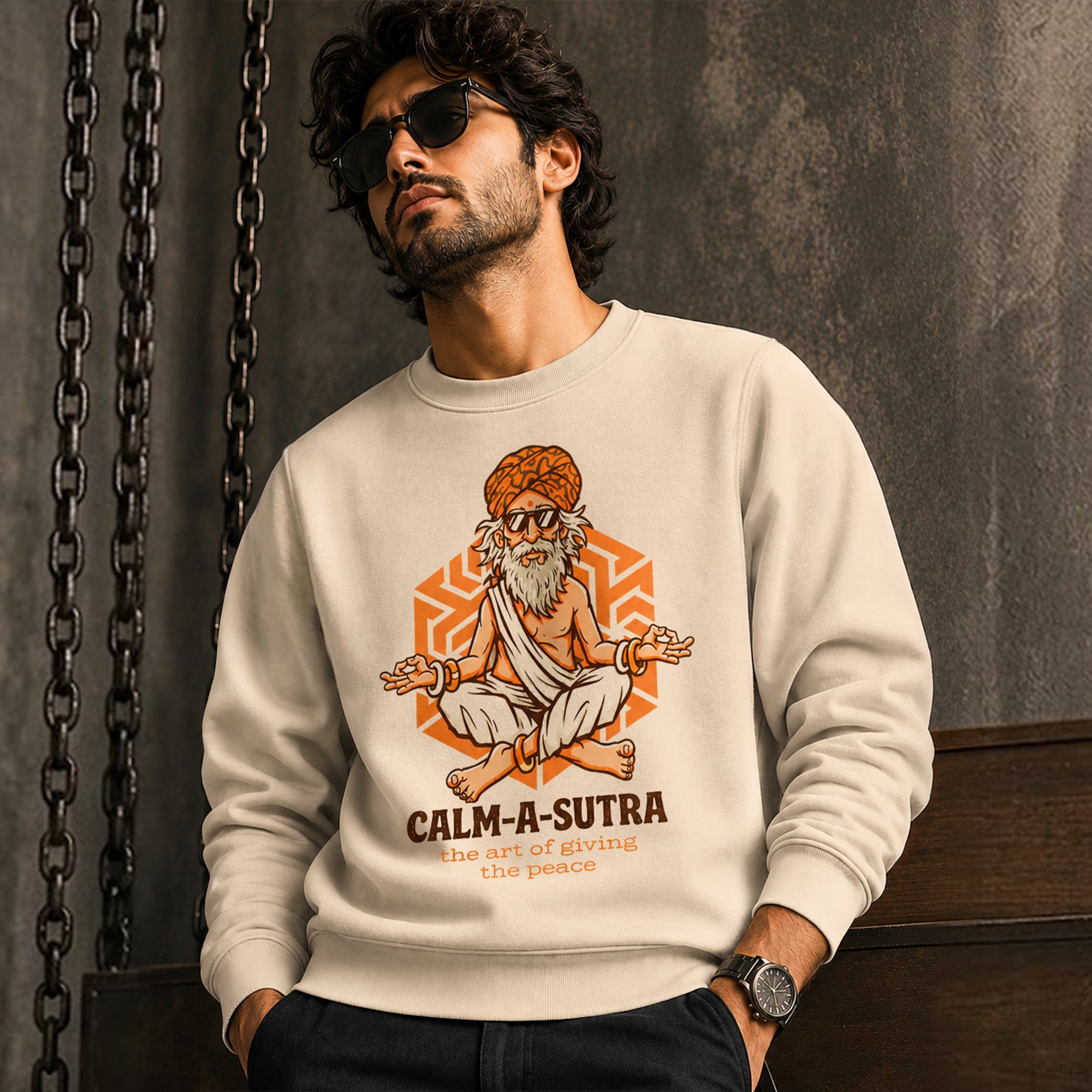 Mens Round Neck Full Sleeve Printed Sweatshirt Beige