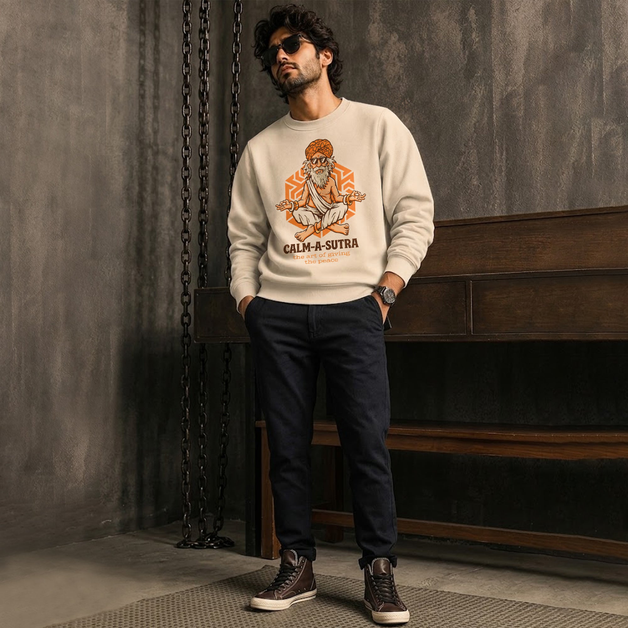 Mens Round Neck Full Sleeve Printed Sweatshirt Beige