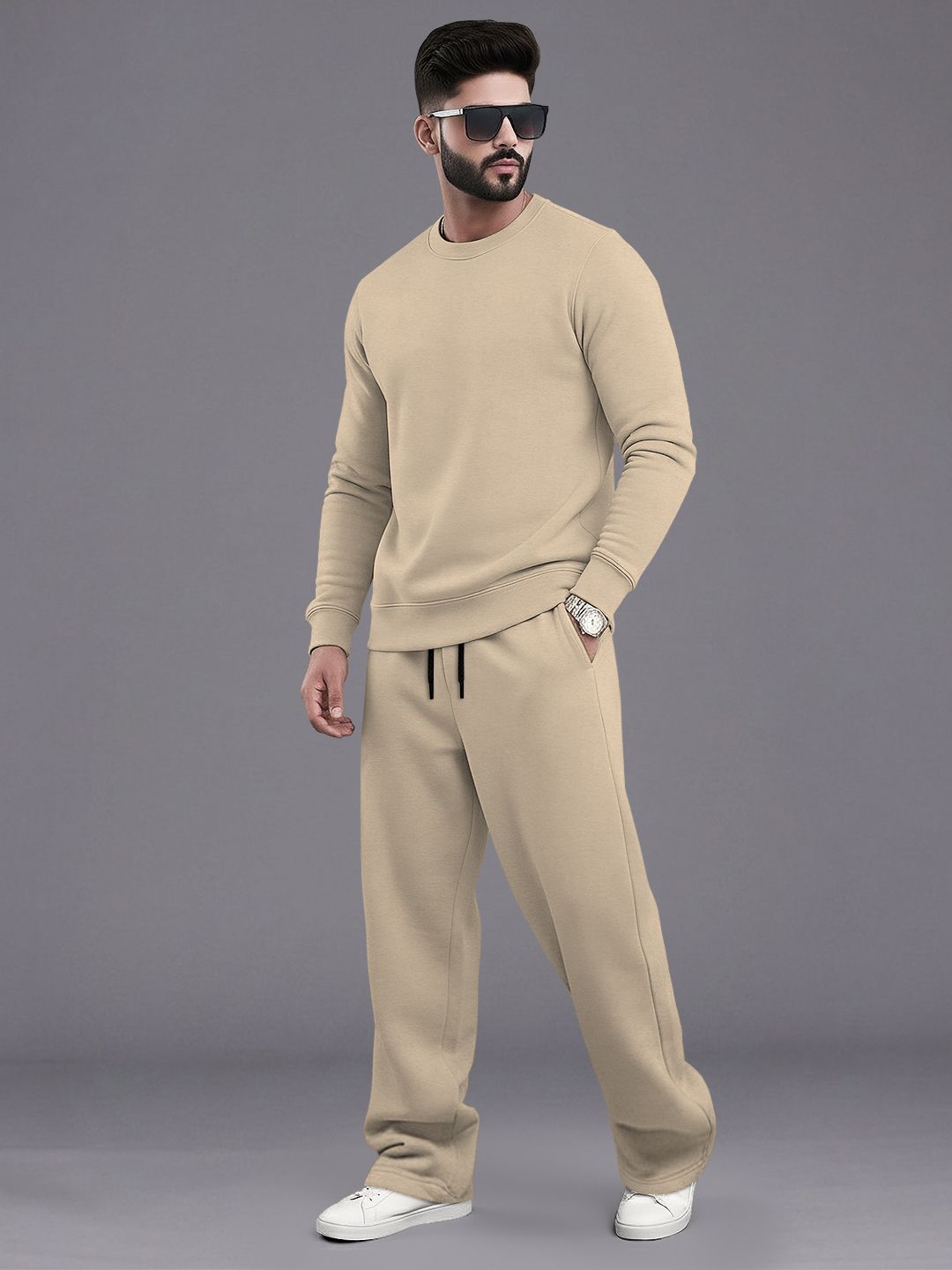 Tracksuit Men Round Neck Plain Sweatshirt & Loose Fit Plain Trackpants