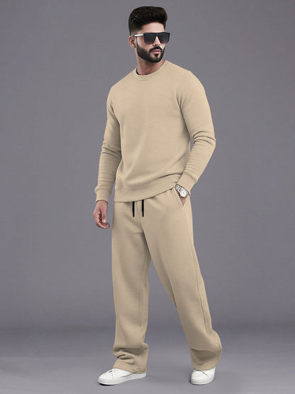 Tracksuit Men Round Neck Plain Sweatshirt & Loose Fit Plain Trackpants