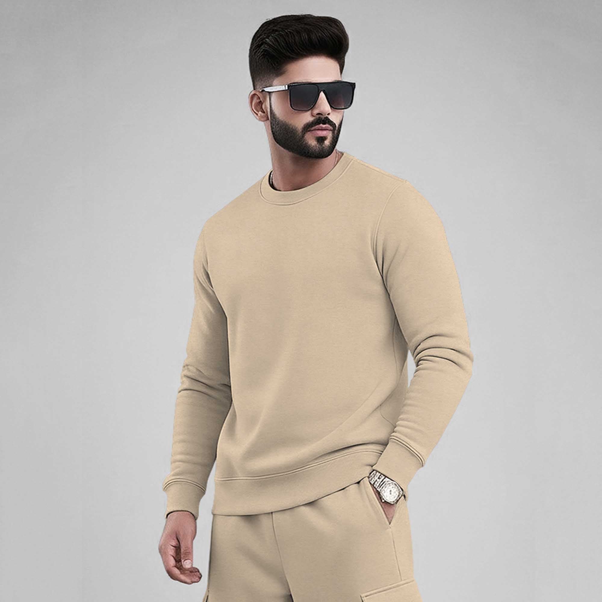 Beige Plain Round Neck Sweatshirt and Cargo Jogger Tracksuit S