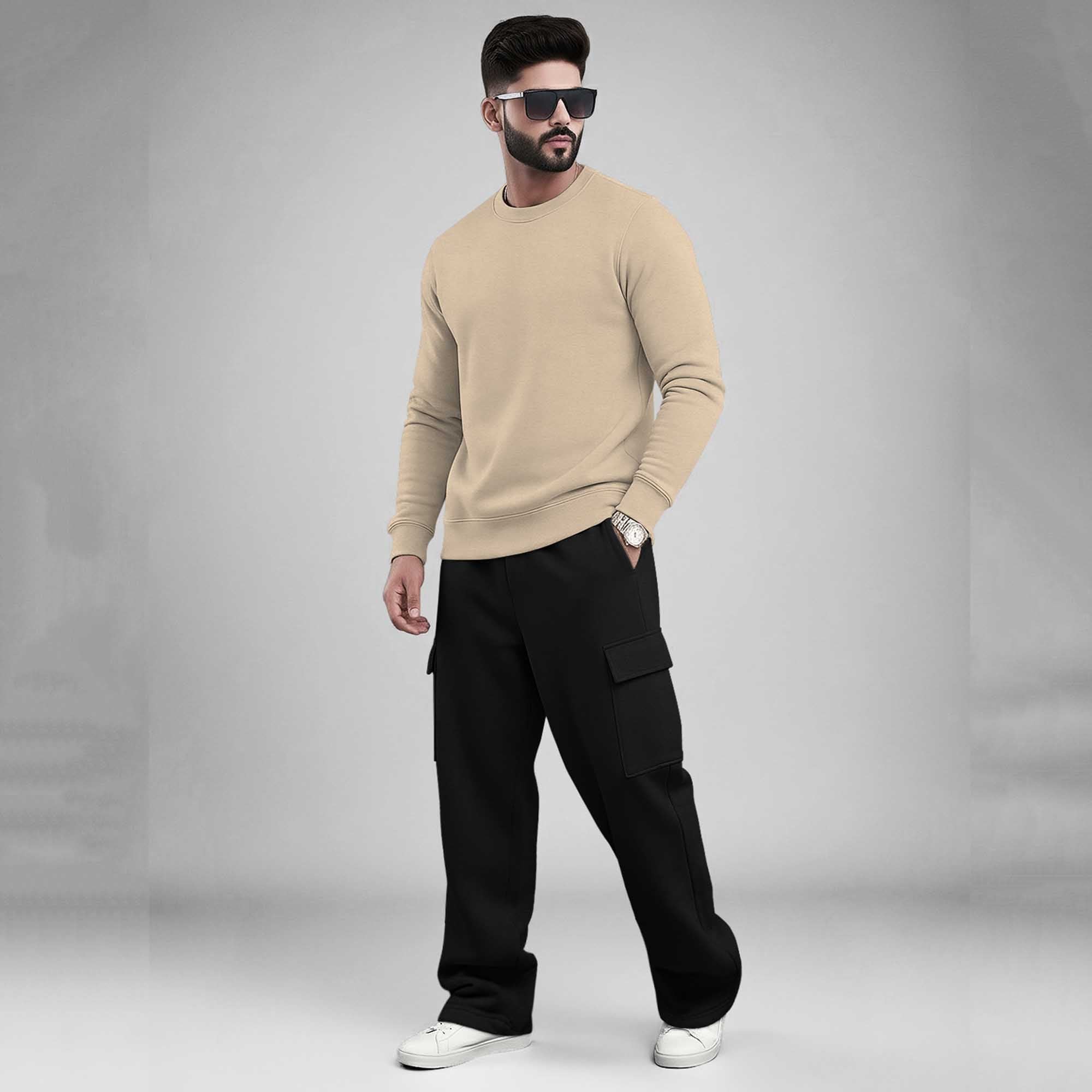 Round Neck Sweatshirt and Baggy Cargo Matching Outfits