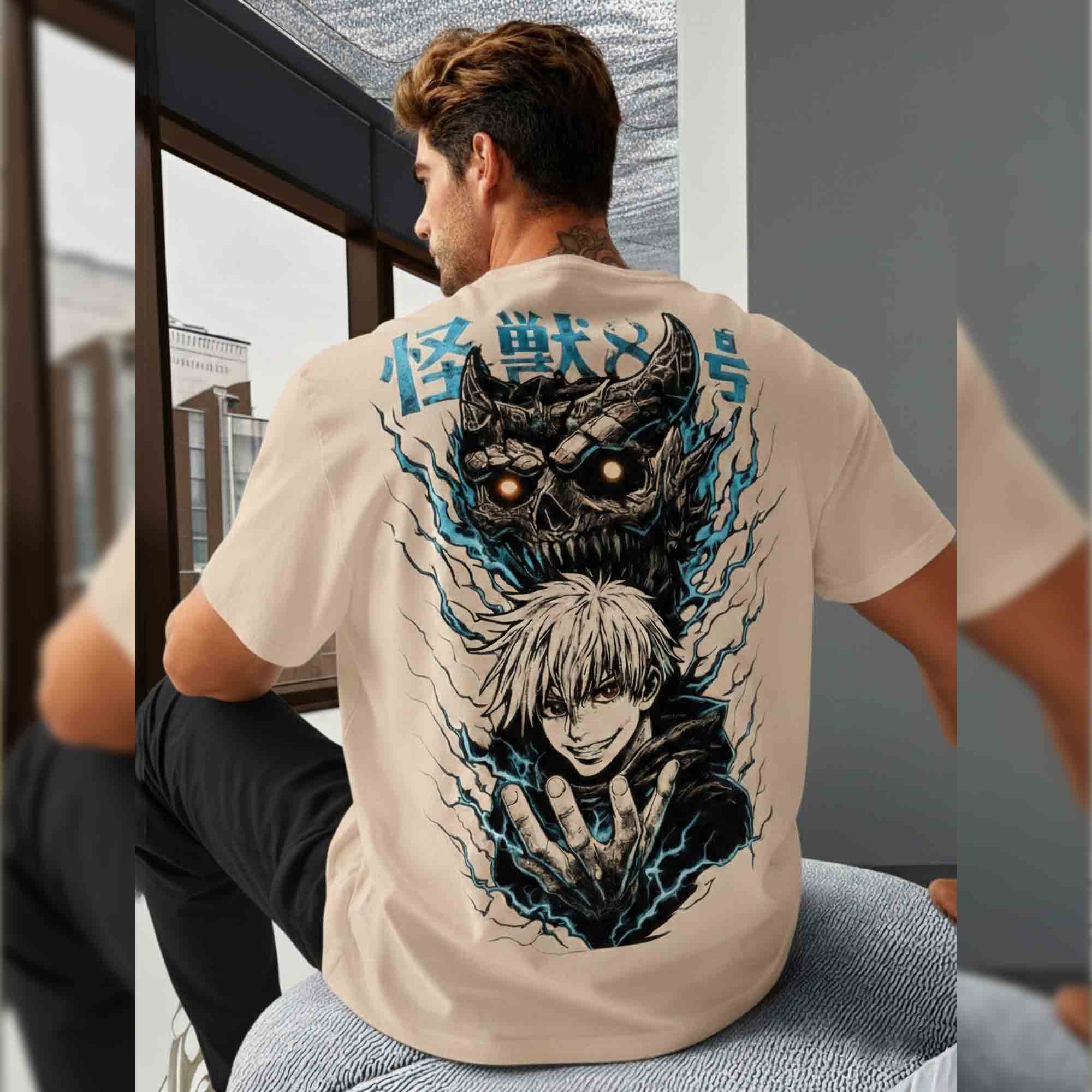 Anime Graphic Back Printed Oversized Tshirt Beige