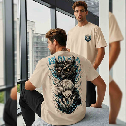 Anime Graphic Back Printed Oversized Tshirt Beige