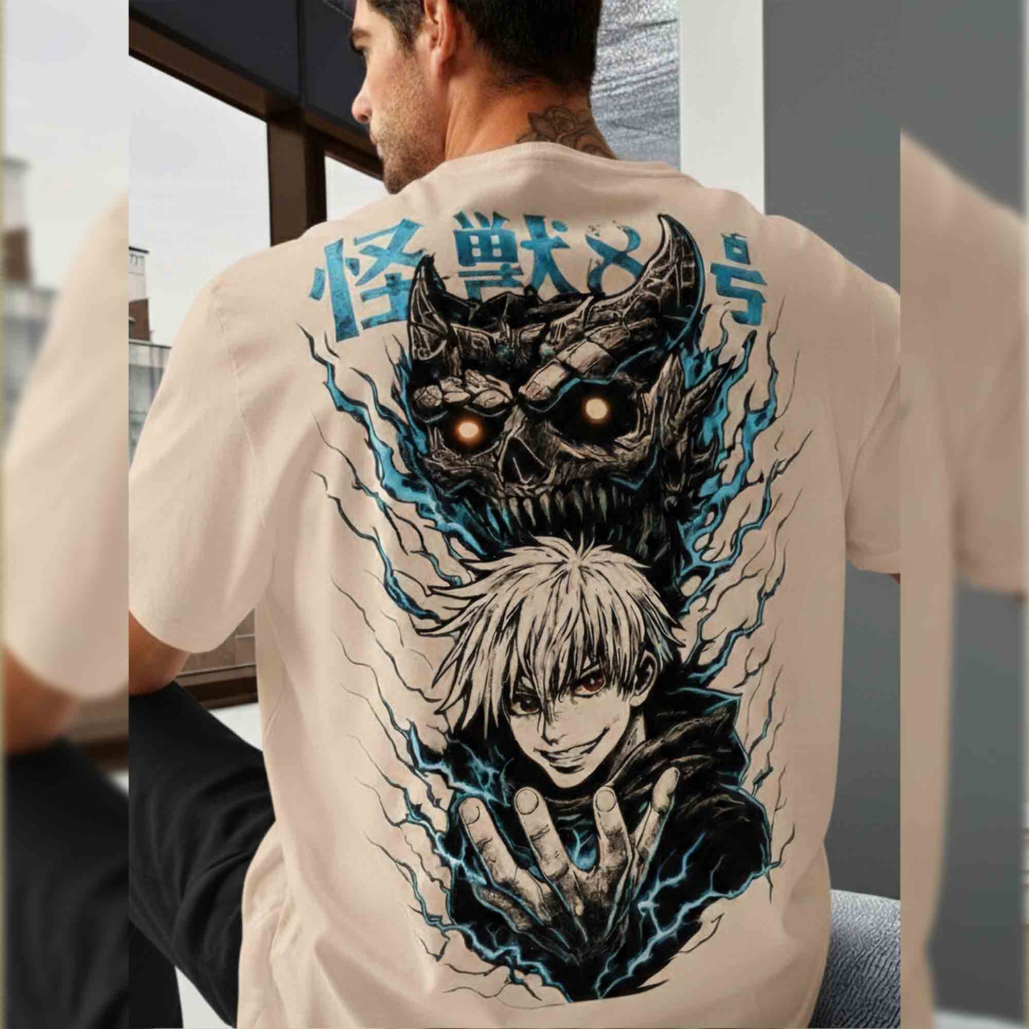 Anime Graphic Back Printed Oversized Tshirt Beige