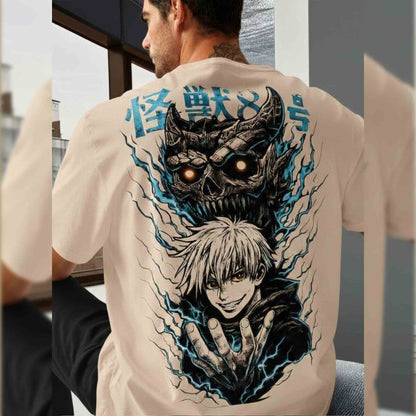 Anime Graphic Back Printed Oversized Tshirt Beige