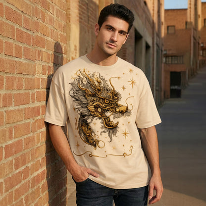 Japanese Dragon Printed Oversized Beige T-shirt