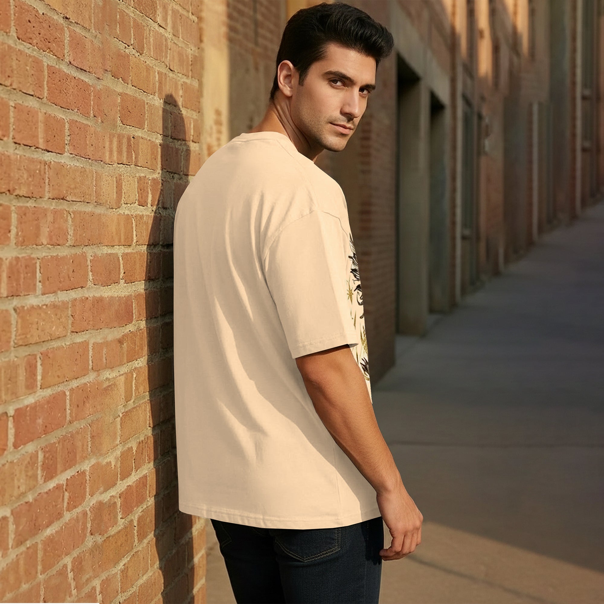 Japanese Dragon Printed Oversized Beige T-shirt