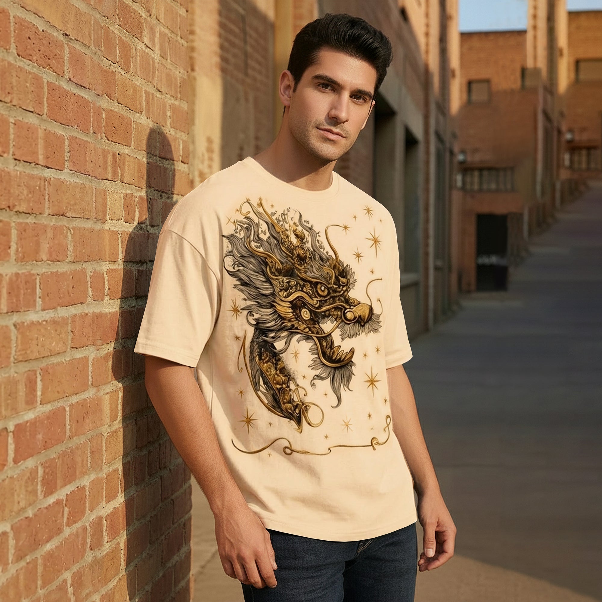 Japanese Dragon Printed Oversized Beige T-shirt