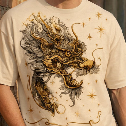Japanese Dragon Printed Oversized Beige T-shirt