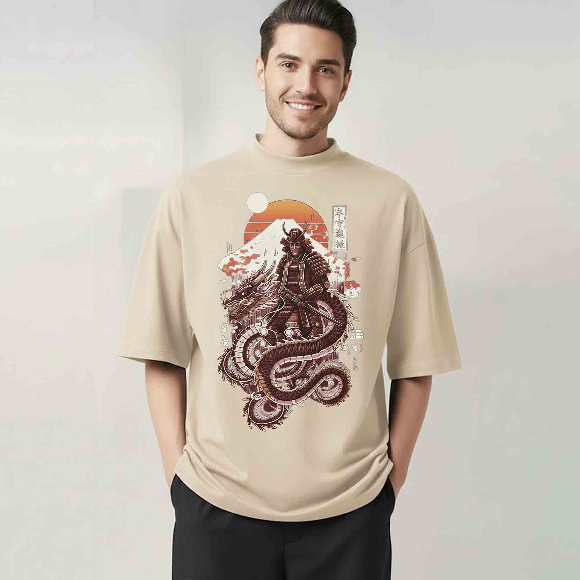Samurai Graphic Printed Oversized T-shirt Beige