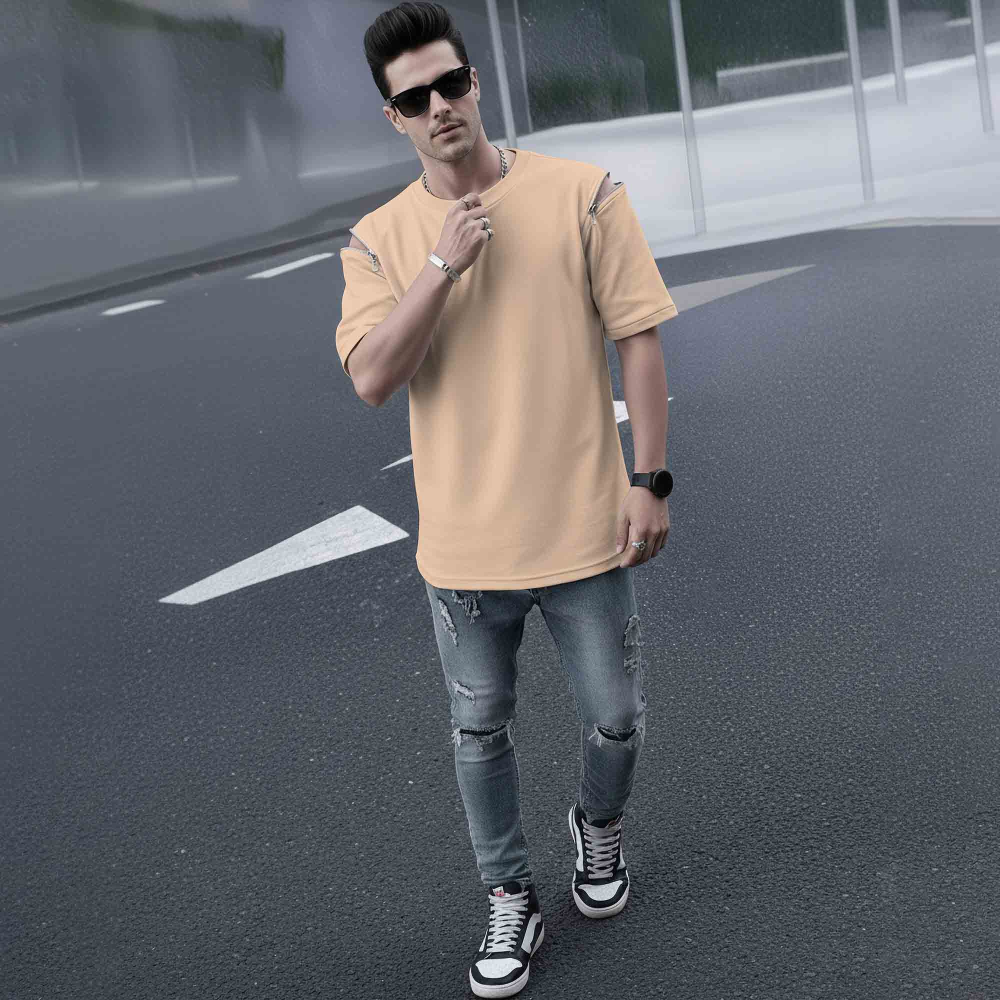 Mens Oversized Round Neck Plain Beige Tshirt