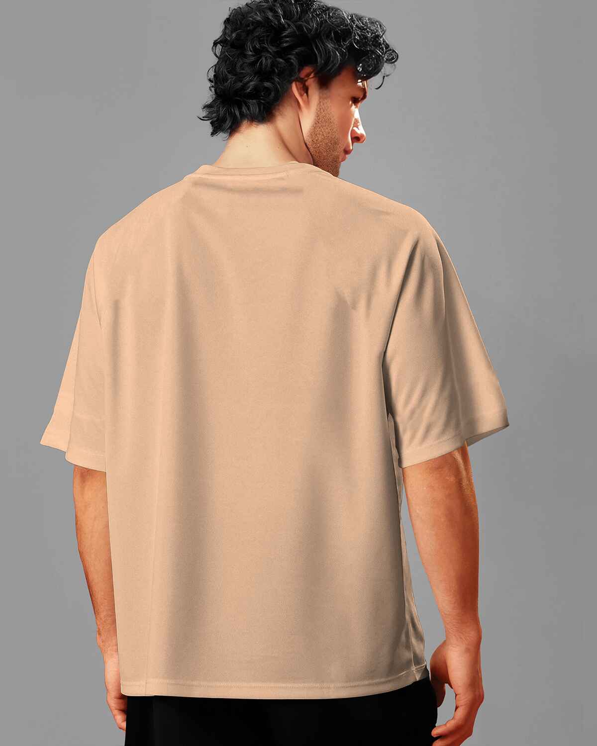 Beige Mens Round Neck Solid Over Size T-shirt