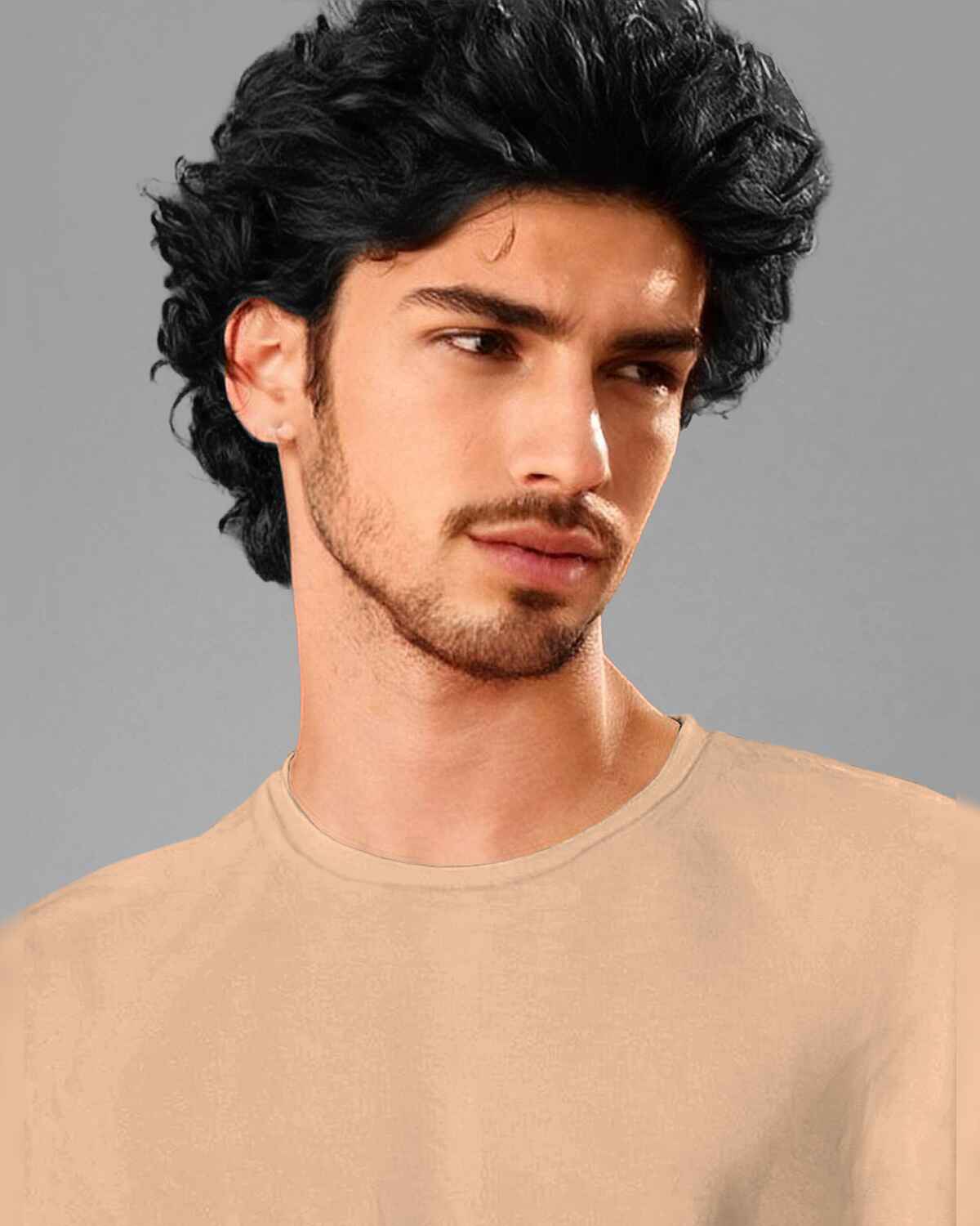 Beige Mens Round Neck Solid Over Size T-shirt