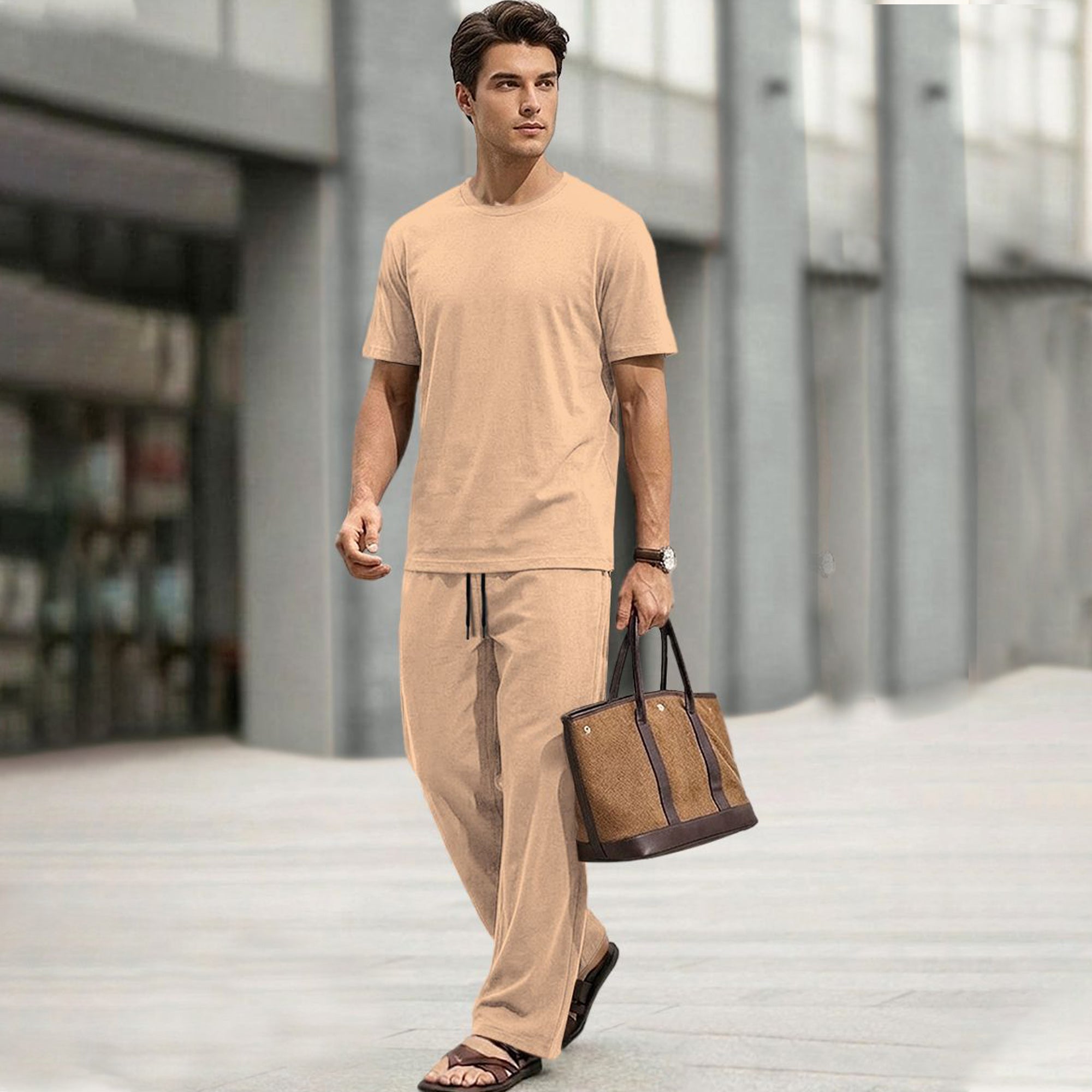 Men Tracksuit Round Neck Plain Tshirts Loose Fit Plain Trackpants