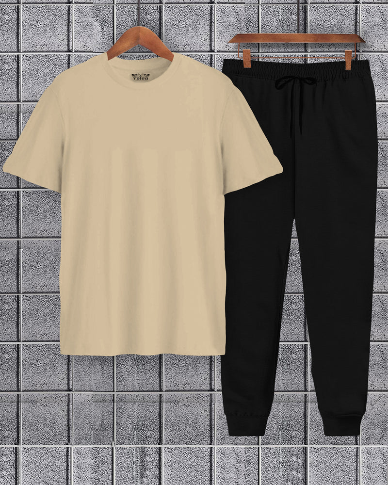 Mens Tracksuit - Half Sleeve Beige t-shirt / Black Plain Trackpant