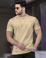 Mens Tracksuit - Half Sleeve Beige t-shirt / Black Plain Trackpant