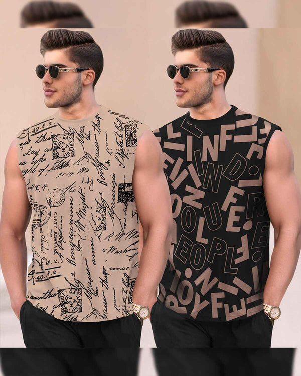 (Pack Of 2) Men Round Neck Casual Printed Vest VT9 -VT5 / Beige & Black