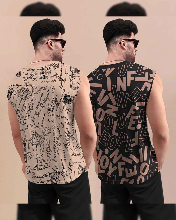 (Pack Of 2) Men Round Neck Casual Printed Vest VT9 -VT5 / Beige & Black