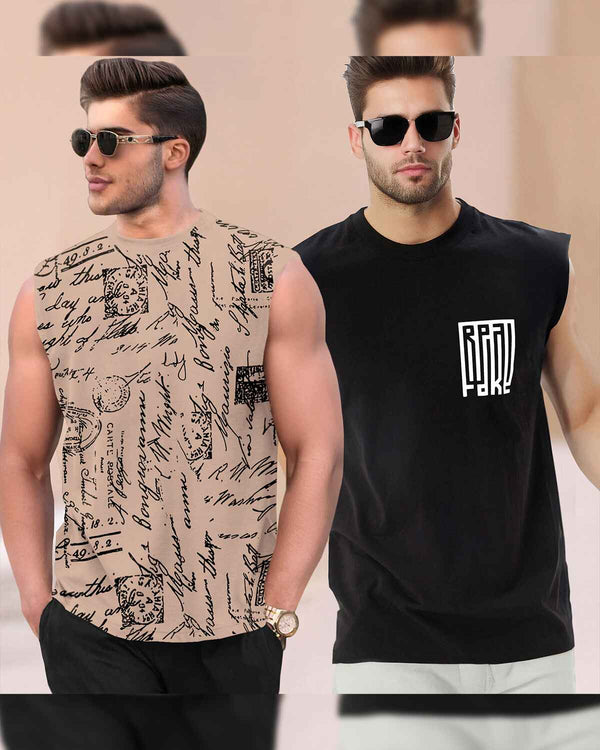 (Pack Of 2) Men Round Neck Casual Printed Vest VT9 -VT7 / Beige & Black