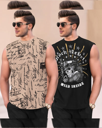 Men Round Neck Casual Printed Vest / Beige & Black