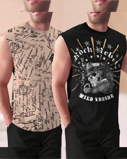 Men Round Neck Casual Printed Vest / Beige & Black