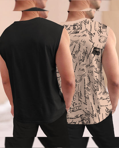 Men Round Neck Casual Printed Vest / Beige & Black
