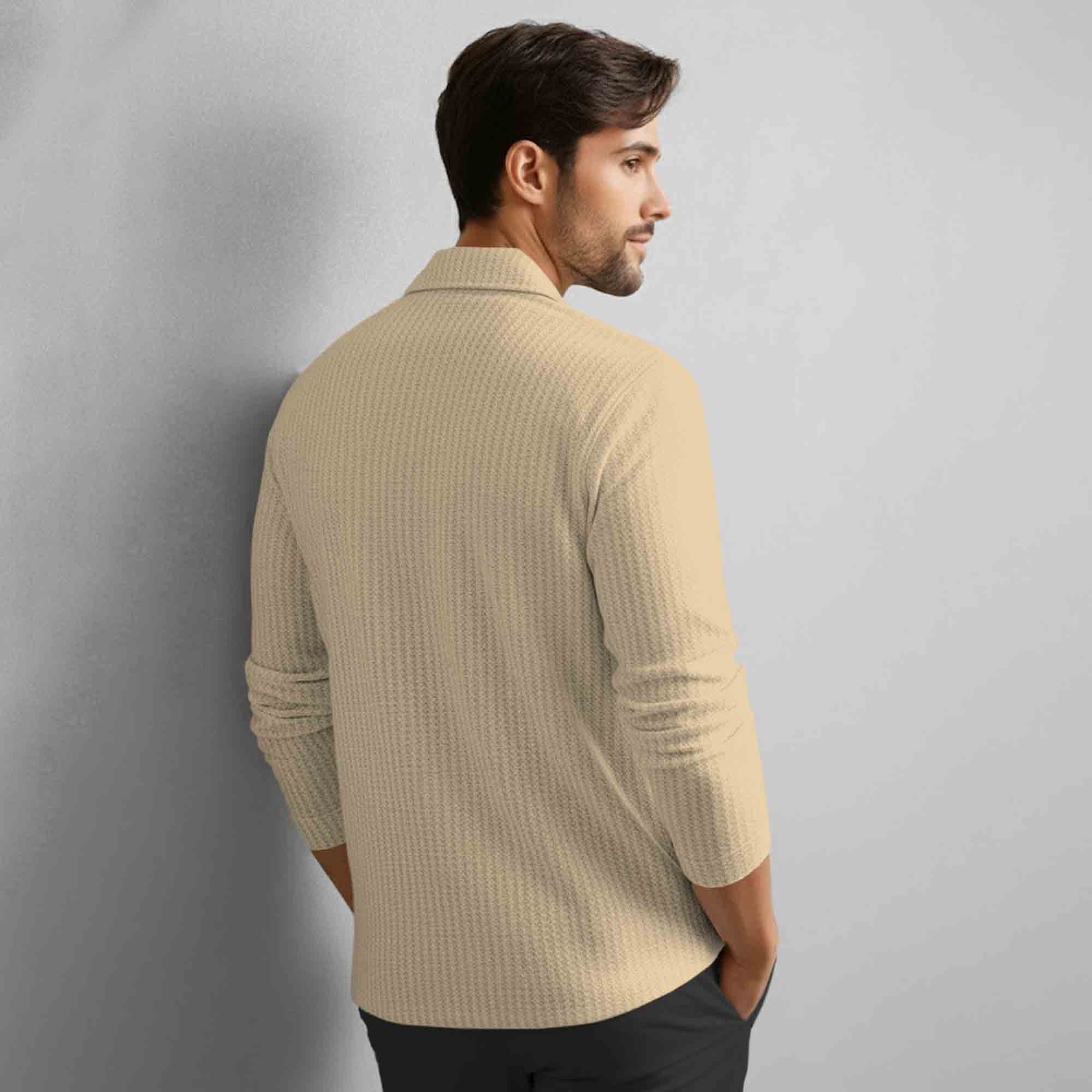 Men Smart Casual Full Sleeve Textured Pattern Vertical Stripes Beige Shirt