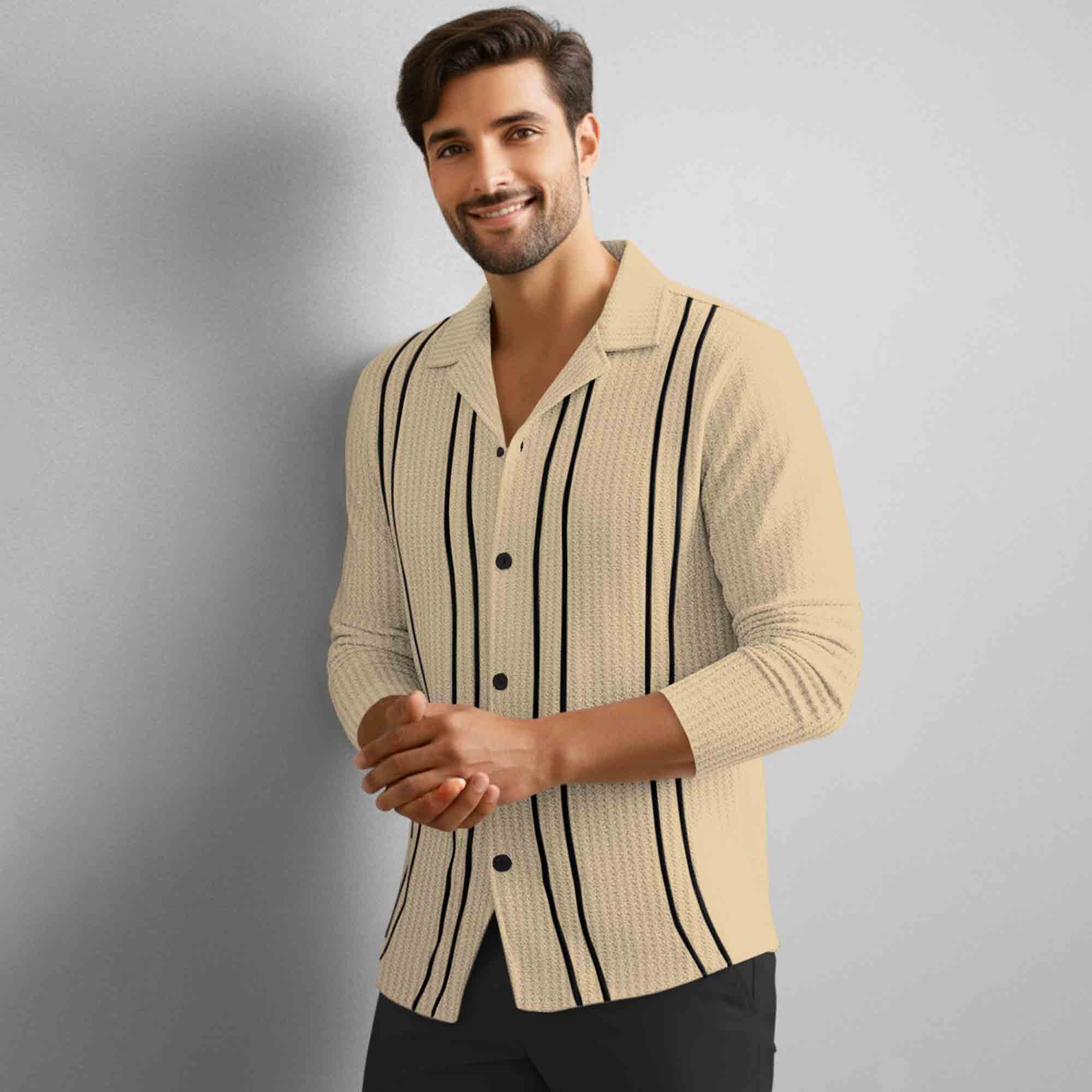 Men Smart Casual Full Sleeve Textured Pattern Vertical Stripes Beige Shirt