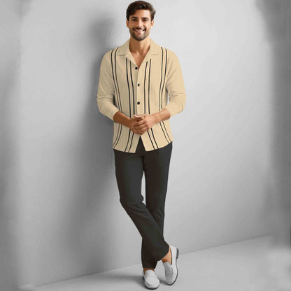 Men Smart Casual Full Sleeve Textured Pattern Vertical Stripes Beige Shirt