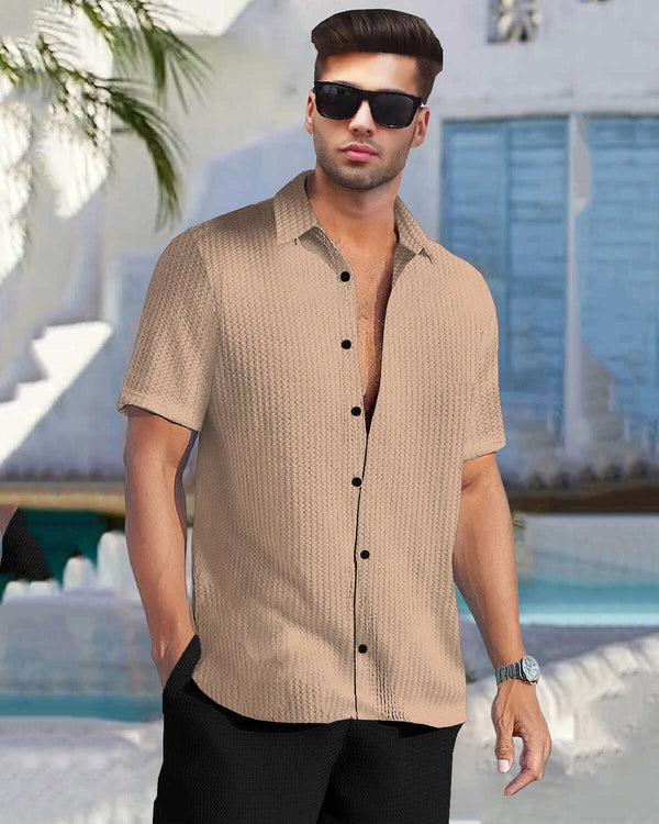 Men Half Sleeve Waffle Shirt / Beige