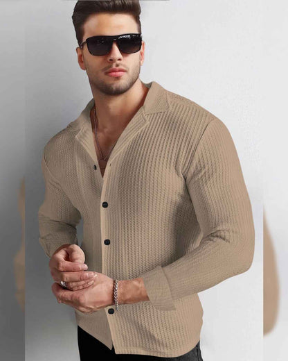 Men Full Sleeve Beige Solid Color Waffle Textured Shirt
