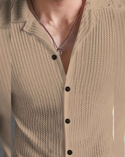 Men Full Sleeve Beige Solid Color Waffle Textured Shirt