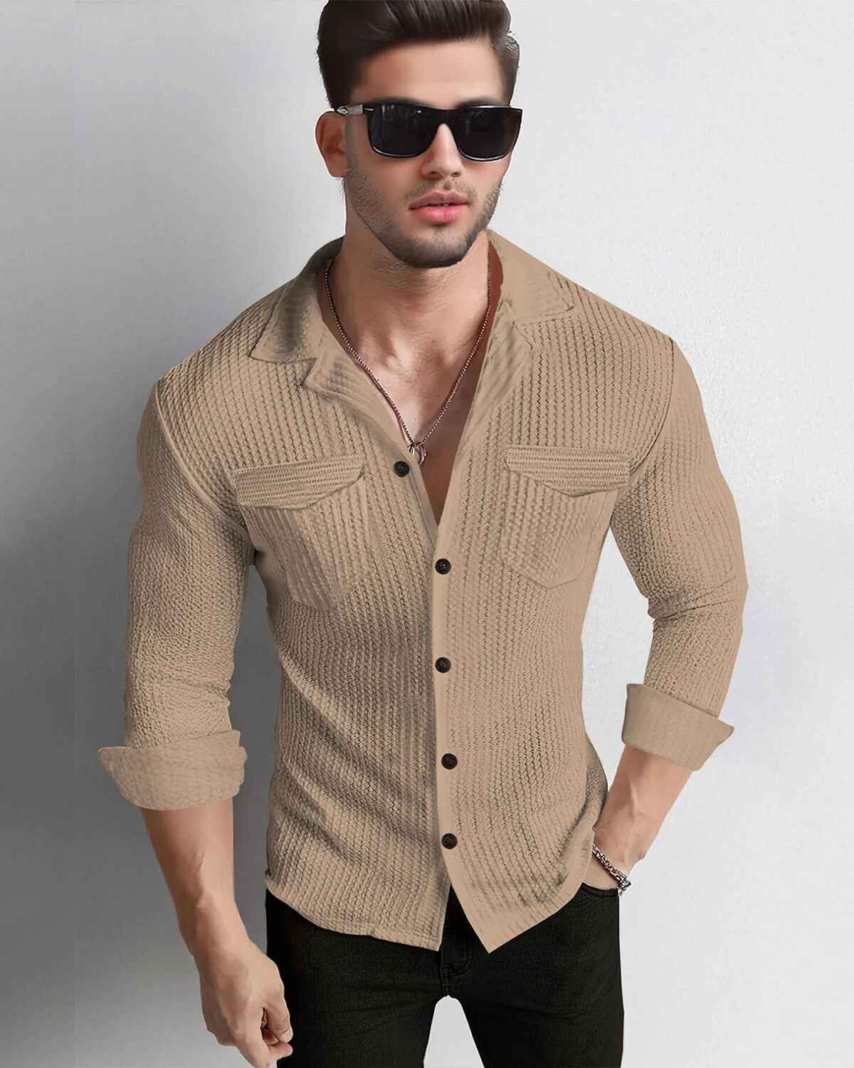 Men Full Sleeve Beige Double Pocket Waffle Textured Shirt