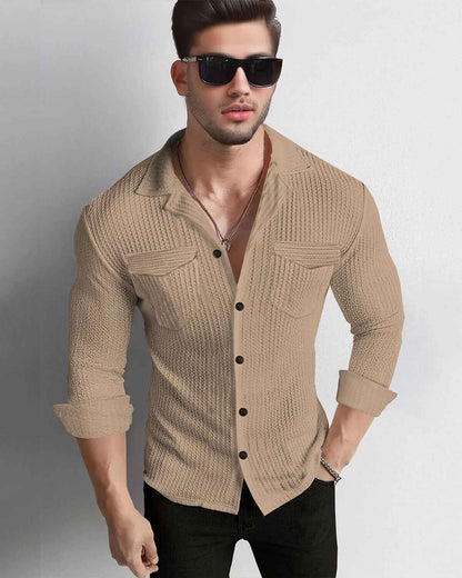 Men Full Sleeve Beige Double Pocket Waffle Textured Shirt