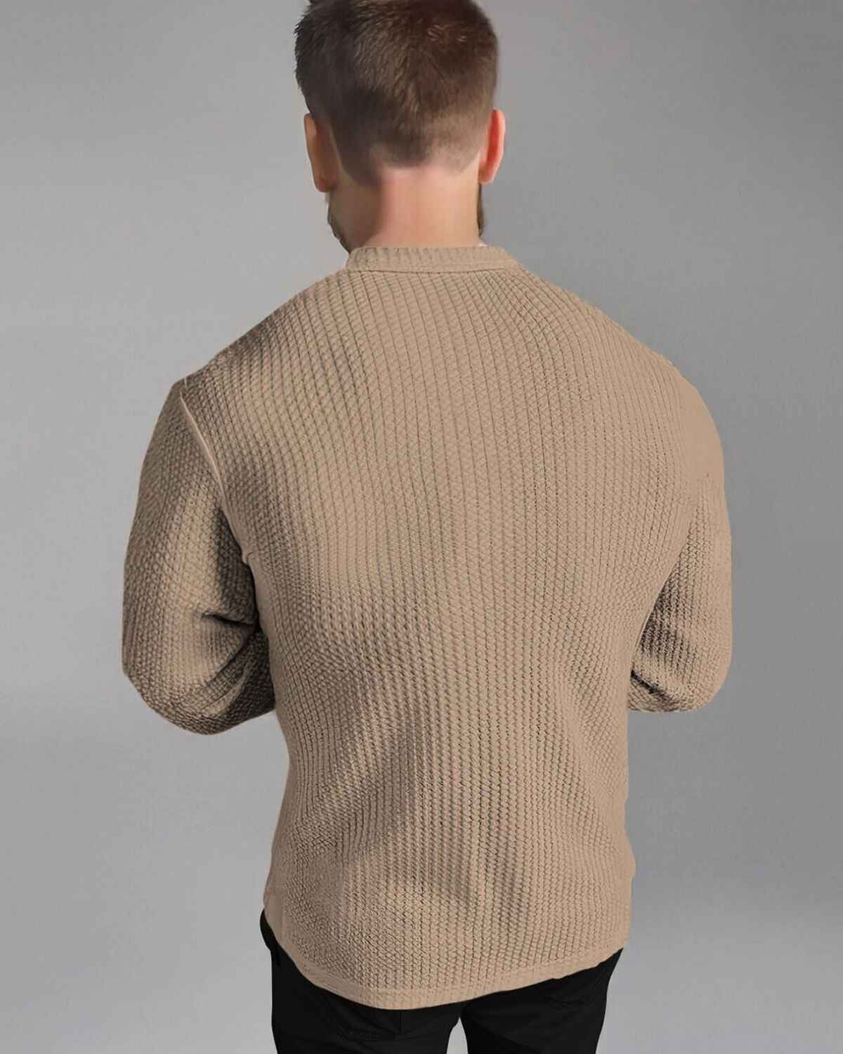 Men Full Sleeve Beige Double Pocket Waffle Textured Shirt